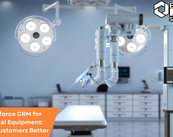 Healthcare sales rep using Salesforce CRM to manage medical equipment customer data and improve engagement.