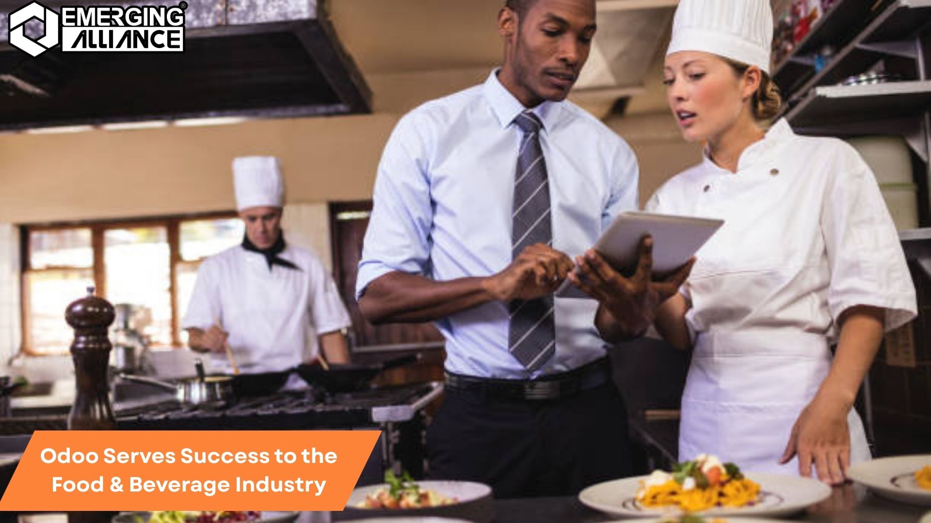 Odoo ERP interface displayed in a commercial kitchen environment optimizing food production, inventory, and operations in the Food & Beverage Industry