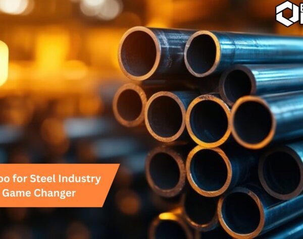 Steel factory with digital interface overlay symbolizing Odoo ERP integration in the steel industry for enhanced operations and efficiency.