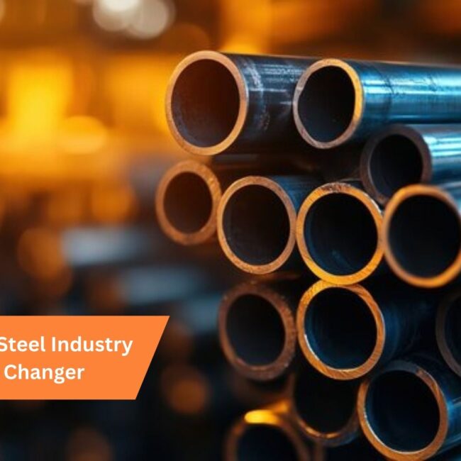 Steel factory with digital interface overlay symbolizing Odoo ERP integration in the steel industry for enhanced operations and efficiency.