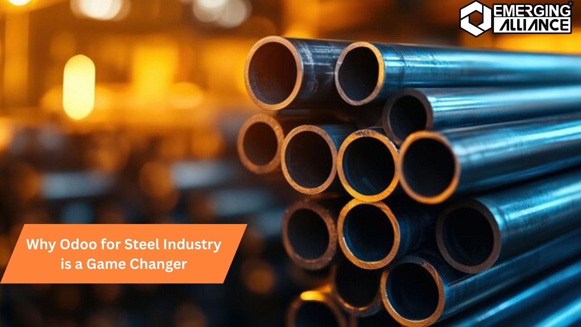 Steel factory with digital interface overlay symbolizing Odoo ERP integration in the steel industry for enhanced operations and efficiency.