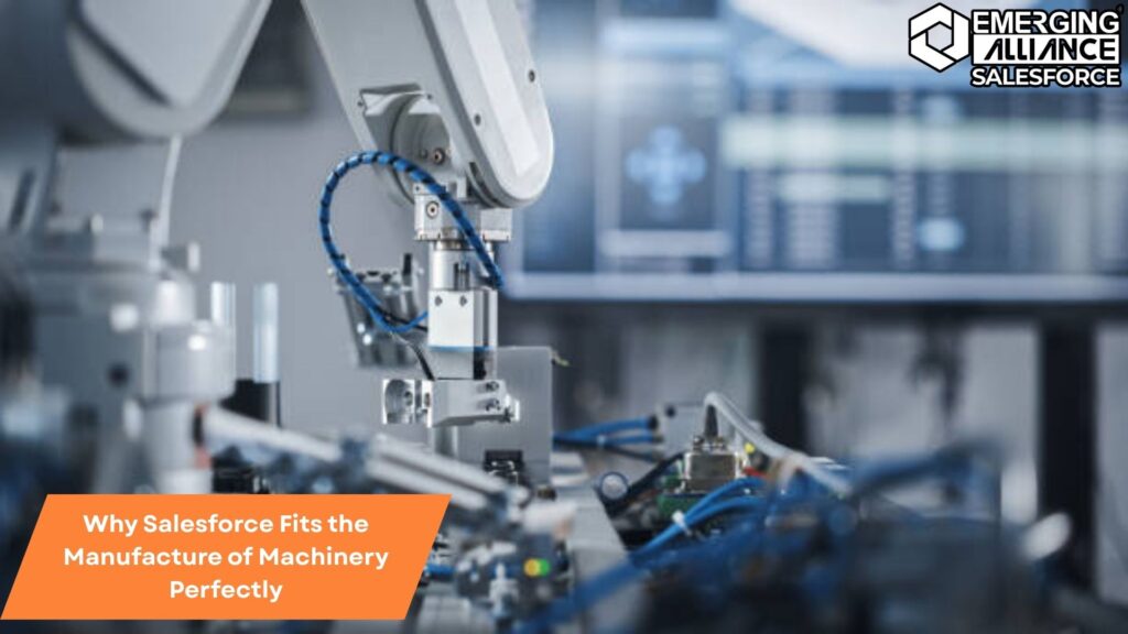 Factory floor with advanced machinery operations managed through Salesforce CRM dashboard.