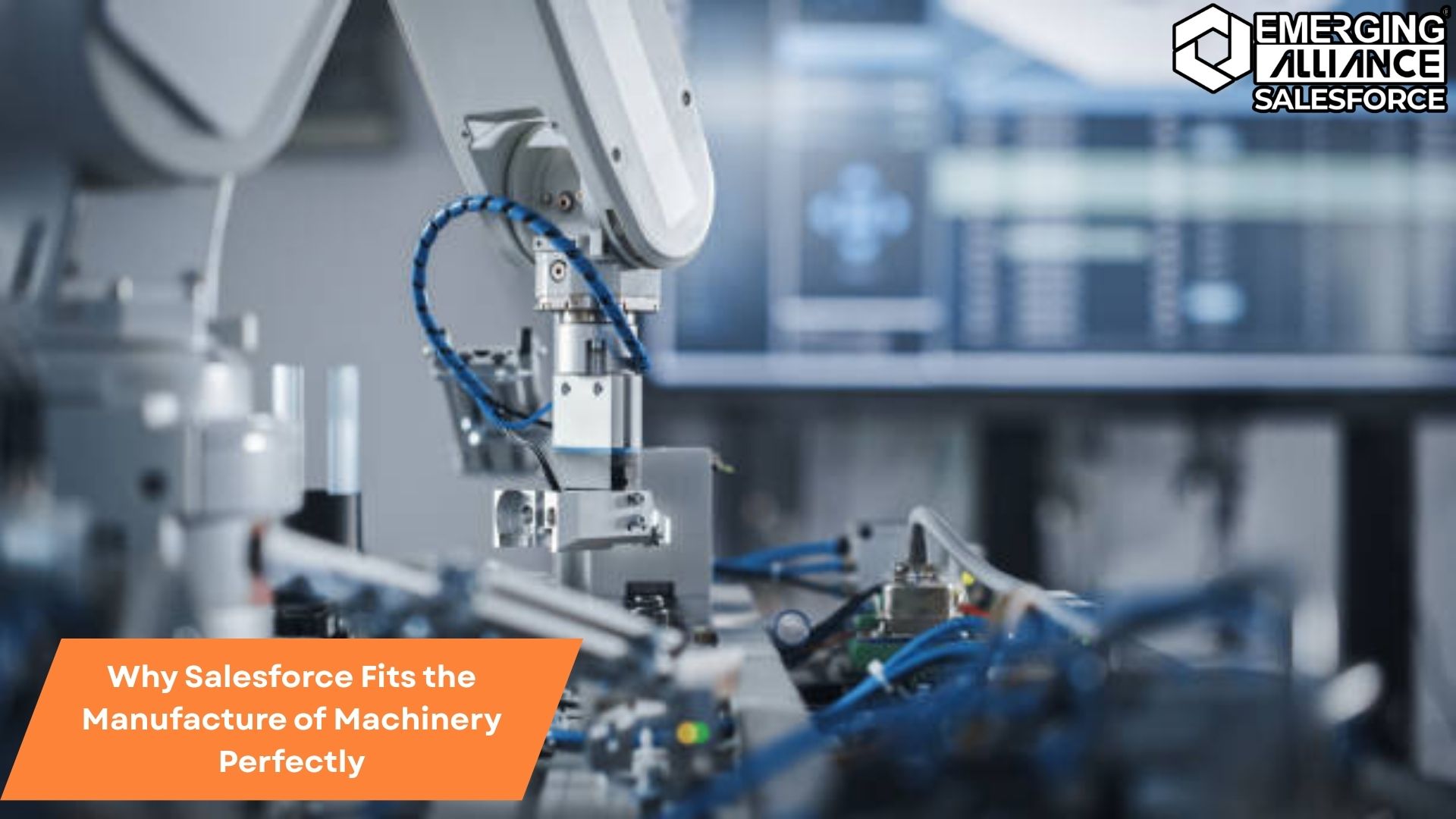 Factory floor with advanced machinery operations managed through Salesforce CRM dashboard.