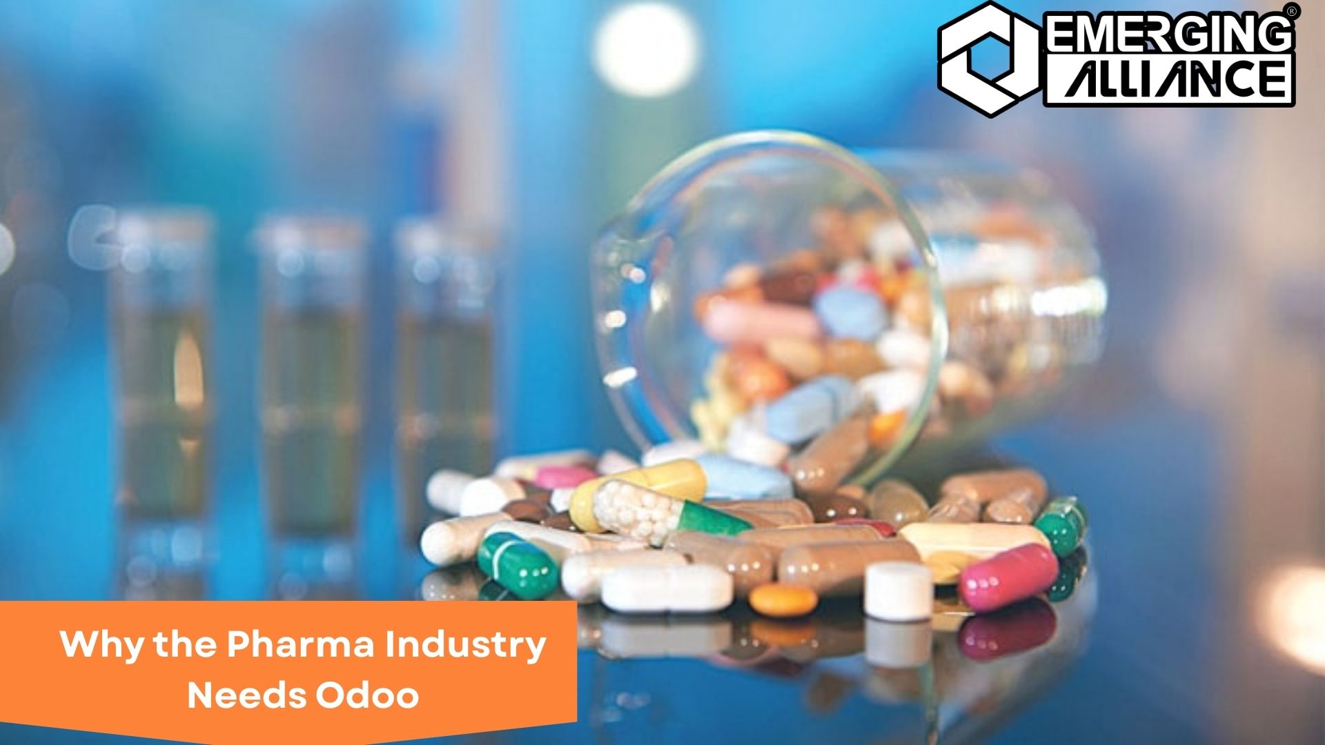 Illustration showing Odoo software streamlining processes and enhancing efficiency in the pharma industry.