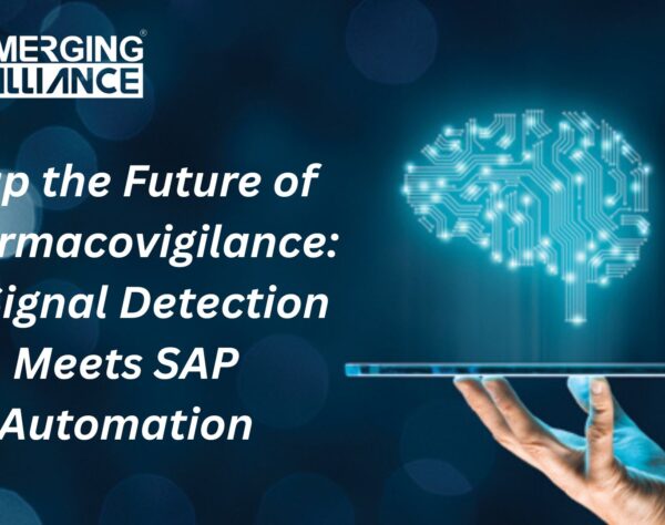 Pharma professionals using AI and SAP tools for automated pharmacovigilance and real-time safety signal detection.