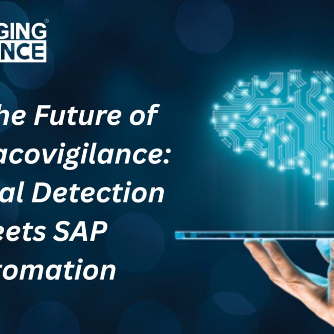 Pharma professionals using AI and SAP tools for automated pharmacovigilance and real-time safety signal detection.