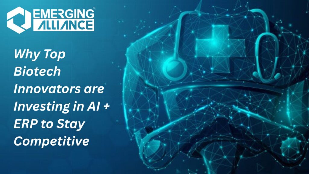 Biotech professionals analyzing AI-powered ERP dashboards for drug discovery, compliance tracking, and clinical trial optimization.

