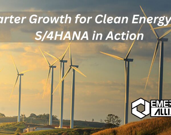 Dashboard showing real-time project and asset management for a renewable energy company using SAP S/4HANA ERP system, with solar panels and wind turbines in the background.