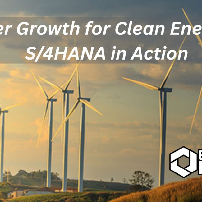 Dashboard showing real-time project and asset management for a renewable energy company using SAP S/4HANA ERP system, with solar panels and wind turbines in the background.