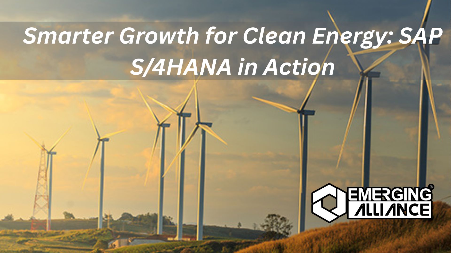 Dashboard showing real-time project and asset management for a renewable energy company using SAP S/4HANA ERP system, with solar panels and wind turbines in the background.