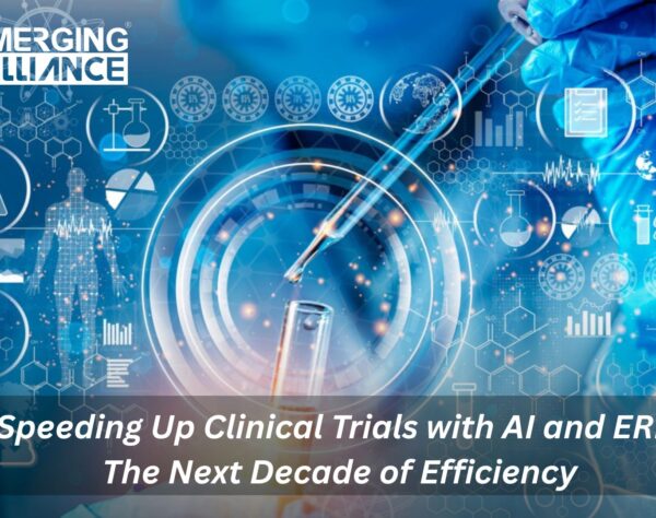 Illustration of AI and ERP accelerating clinical trials with futuristic dashboards, lab researchers analyzing real-time data, and streamlined workflows symbolizing next-decade efficiency in pharma.