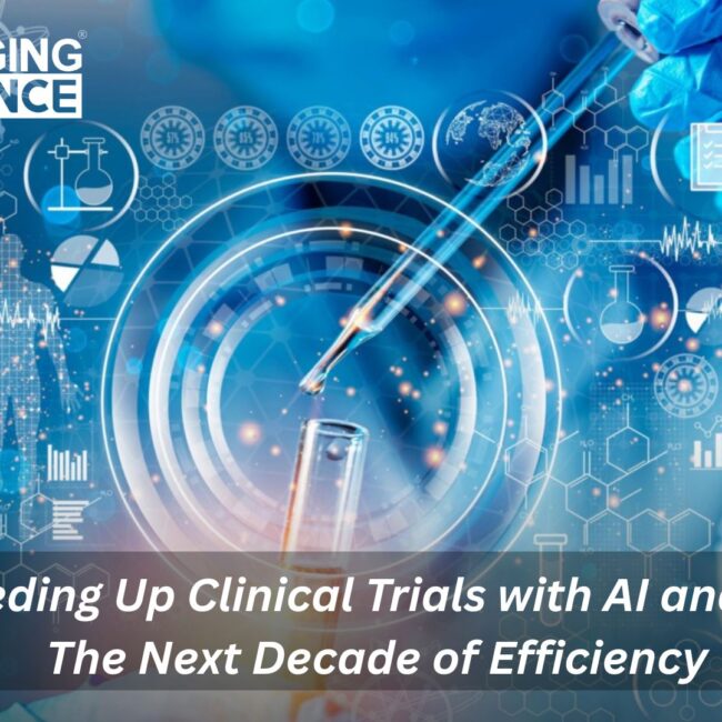 Illustration of AI and ERP accelerating clinical trials with futuristic dashboards, lab researchers analyzing real-time data, and streamlined workflows symbolizing next-decade efficiency in pharma.