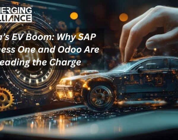 Illustration of electric vehicle manufacturing and charging infrastructure in India, highlighting SAP Business One and Odoo ERP systems driving operations, compliance, and scalability.