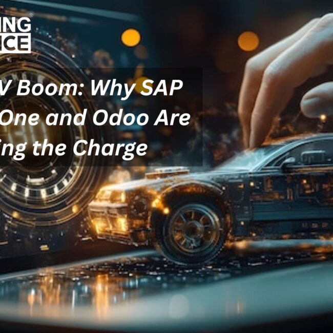 Illustration of electric vehicle manufacturing and charging infrastructure in India, highlighting SAP Business One and Odoo ERP systems driving operations, compliance, and scalability.