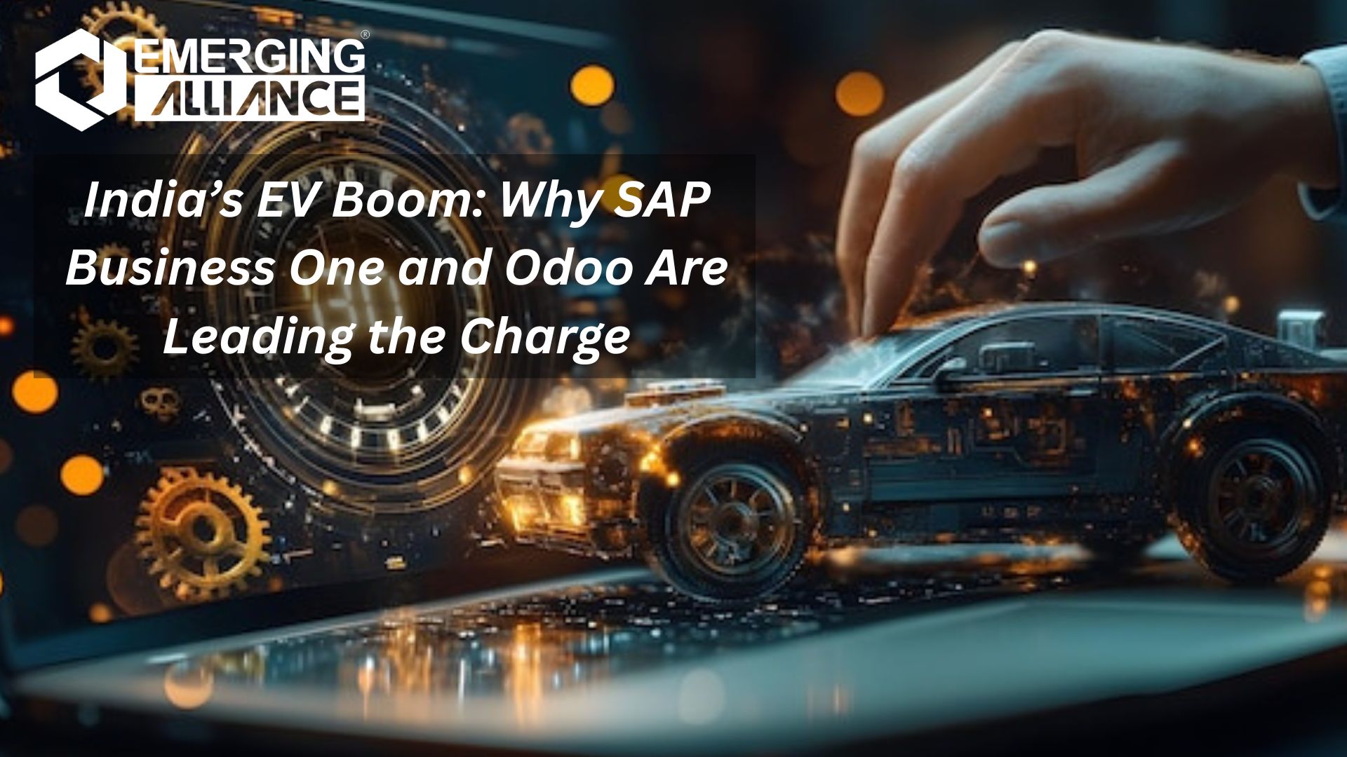 Illustration of electric vehicle manufacturing and charging infrastructure in India, highlighting SAP Business One and Odoo ERP systems driving operations, compliance, and scalability.