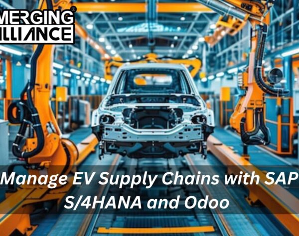 Visual representation of electric vehicle supply chain management using SAP S/4HANA and Odoo, including factories, battery components, logistics, and connected IoT devices.