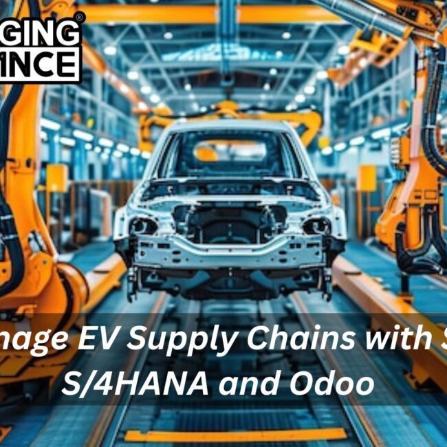 Visual representation of electric vehicle supply chain management using SAP S/4HANA and Odoo, including factories, battery components, logistics, and connected IoT devices.