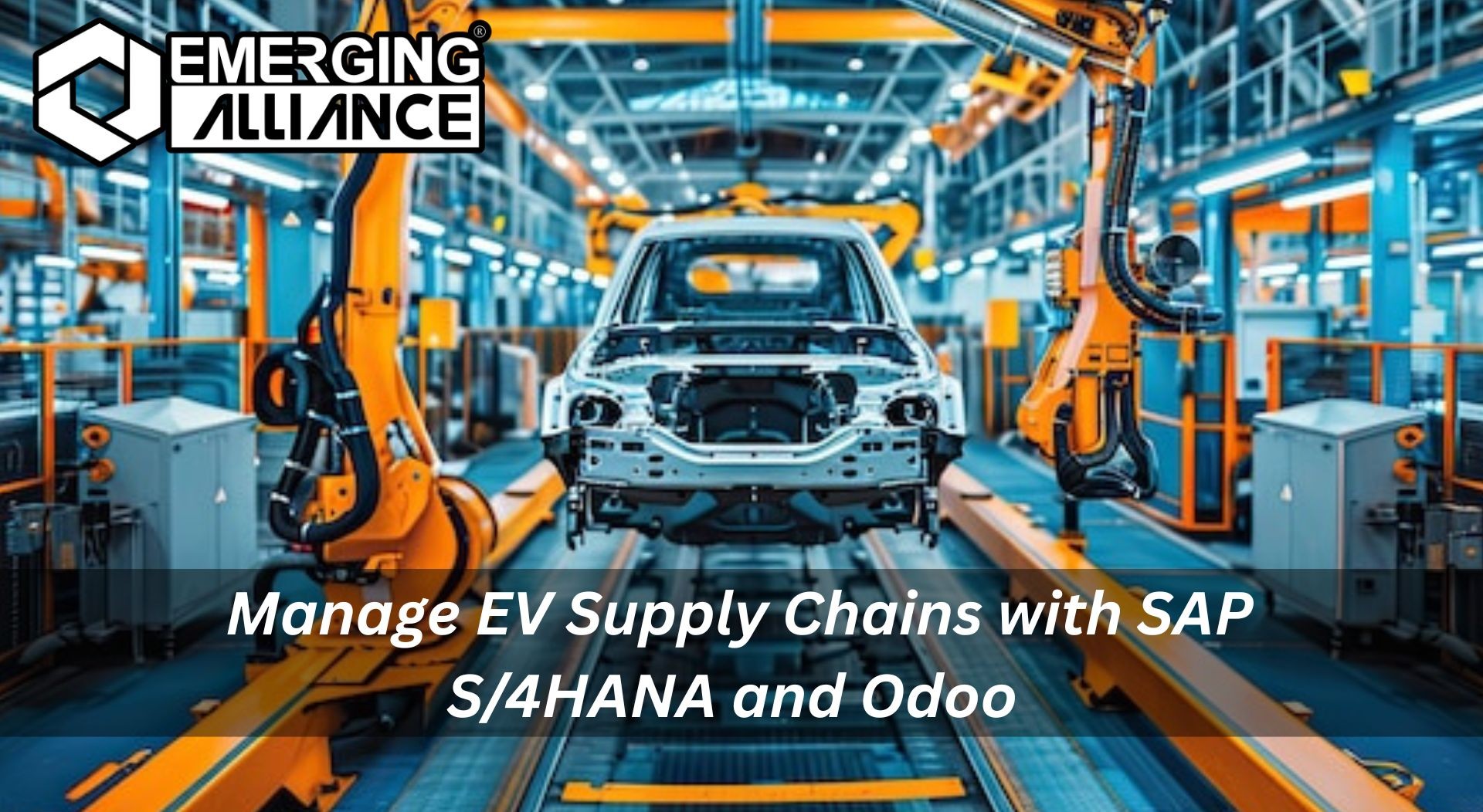 Visual representation of electric vehicle supply chain management using SAP S/4HANA and Odoo, including factories, battery components, logistics, and connected IoT devices.