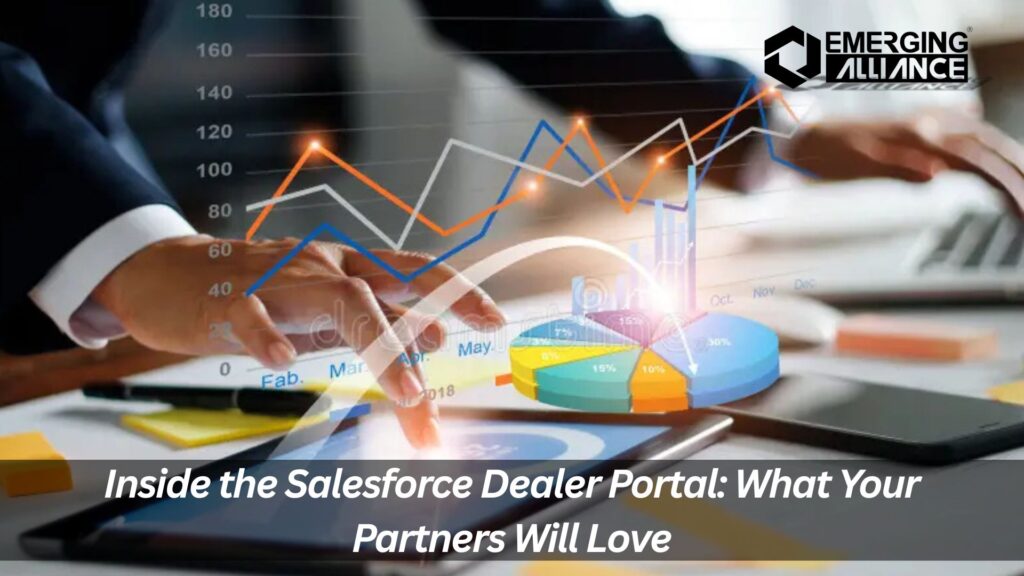 Illustration of Salesforce Dealer Portal dashboard showcasing real-time orders, inventory, and dealer network tools for efficient channel management.