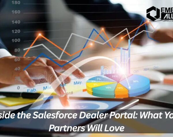 Illustration of Salesforce Dealer Portal dashboard showcasing real-time orders, inventory, and dealer network tools for efficient channel management.