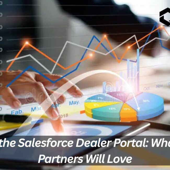 Illustration of Salesforce Dealer Portal dashboard showcasing real-time orders, inventory, and dealer network tools for efficient channel management.
