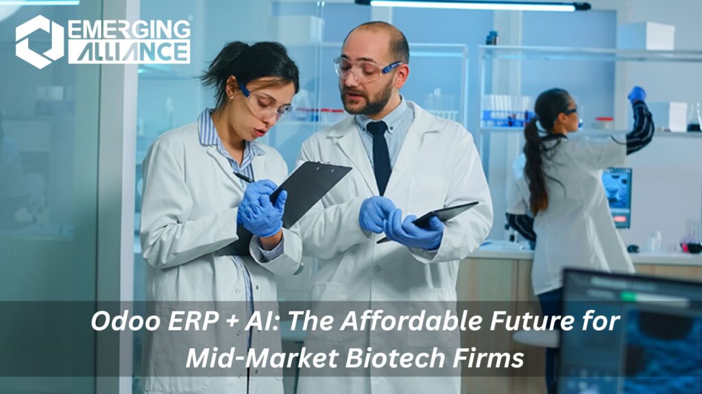 Odoo and AI integration dashboard for biotech industry – showing real-time lab inventory, compliance alerts, and predictive analytics on a sleek ERP interface.