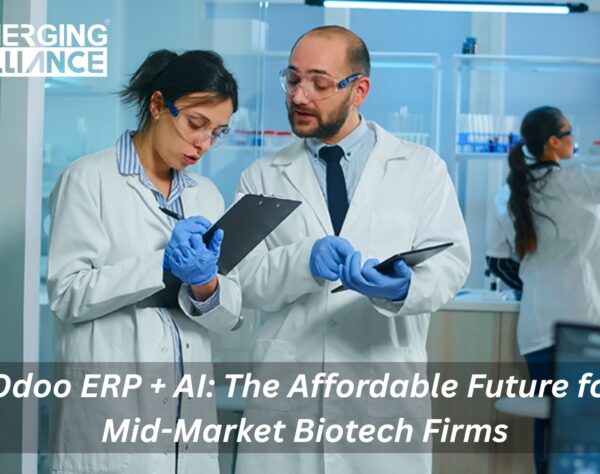 Odoo and AI integration dashboard for biotech industry – showing real-time lab inventory, compliance alerts, and predictive analytics on a sleek ERP interface.