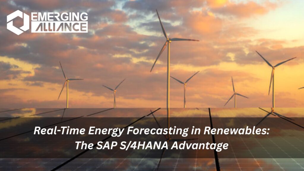 Dashboard displaying real-time renewable energy forecasts with SAP S/4HANA, alongside wind turbines and solar panels under a partly cloudy sky.
