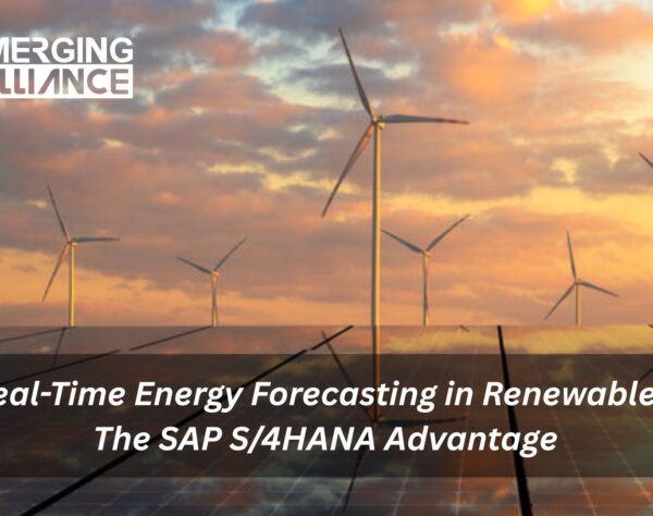 Dashboard displaying real-time renewable energy forecasts with SAP S/4HANA, alongside wind turbines and solar panels under a partly cloudy sky.