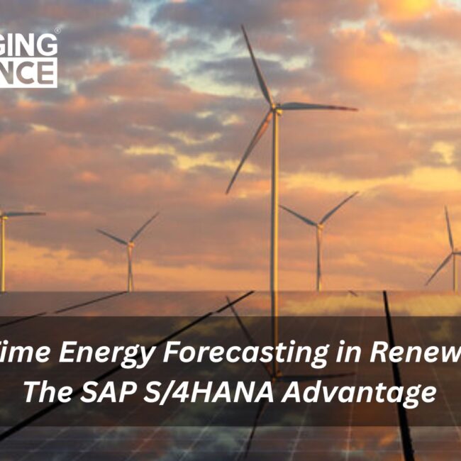 Dashboard displaying real-time renewable energy forecasts with SAP S/4HANA, alongside wind turbines and solar panels under a partly cloudy sky.