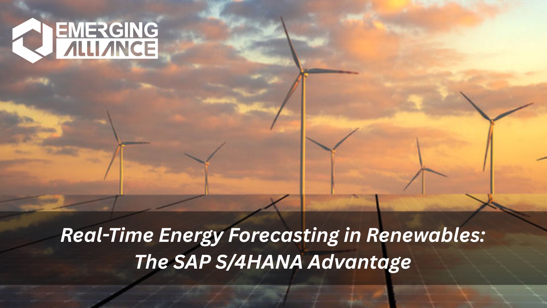 Dashboard displaying real-time renewable energy forecasts with SAP S/4HANA, alongside wind turbines and solar panels under a partly cloudy sky.