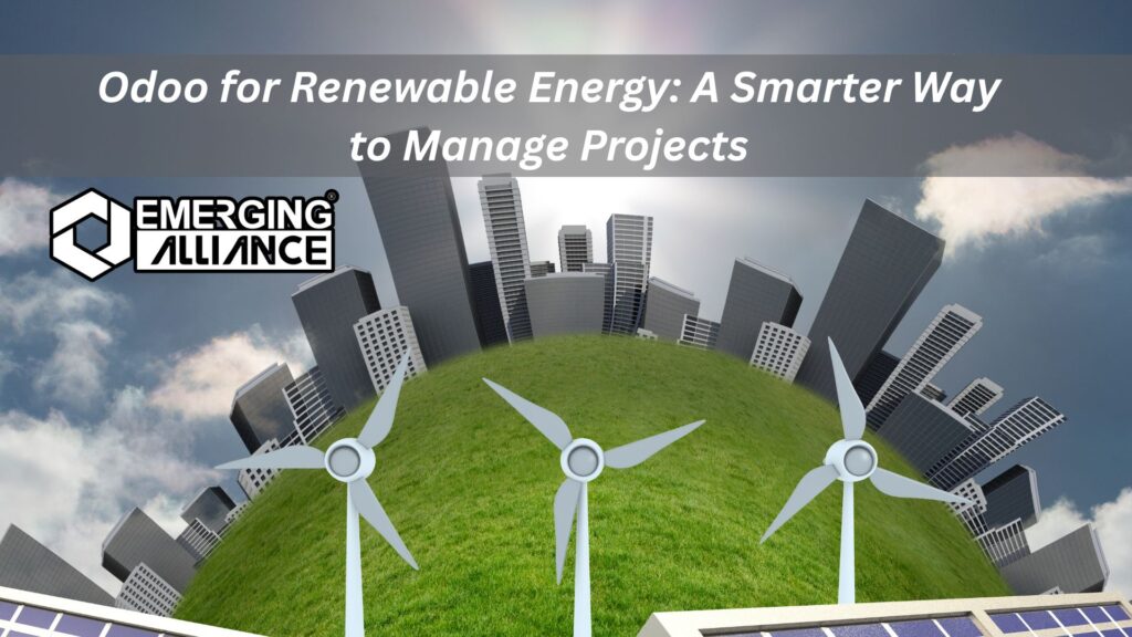 Dashboard showing real-time project and asset management for a renewable energy company using SAP S/4HANA ERP system, with solar panels and wind turbines in the background.
