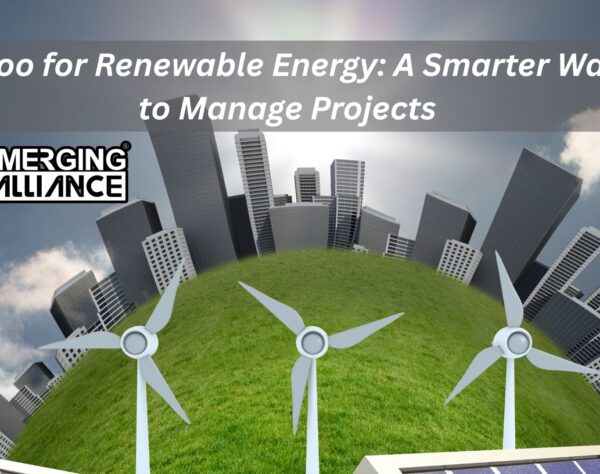 Dashboard showing real-time project and asset management for a renewable energy company using SAP S/4HANA ERP system, with solar panels and wind turbines in the background.