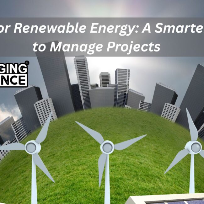 Dashboard showing real-time project and asset management for a renewable energy company using SAP S/4HANA ERP system, with solar panels and wind turbines in the background.
