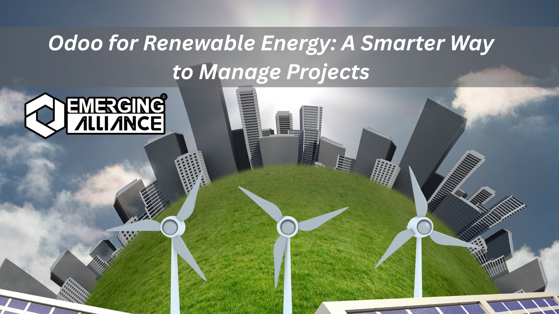 Dashboard showing real-time project and asset management for a renewable energy company using SAP S/4HANA ERP system, with solar panels and wind turbines in the background.