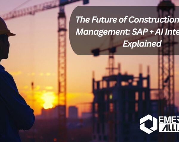 Construction project managers using tablets to monitor AI-powered SAP dashboards for real-time site progress and resource tracking.