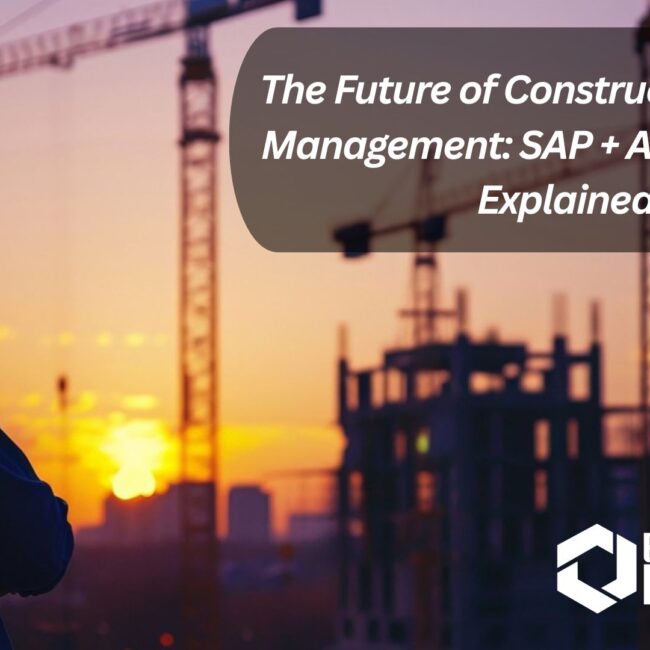 Construction project managers using tablets to monitor AI-powered SAP dashboards for real-time site progress and resource tracking.