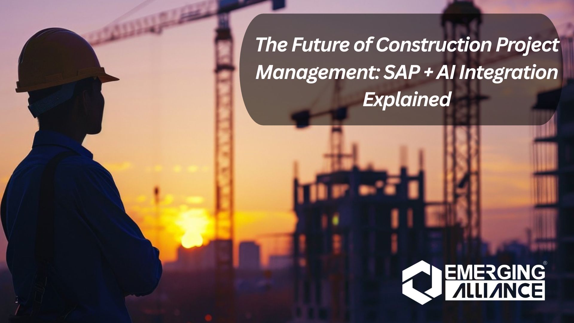 Construction project managers using tablets to monitor AI-powered SAP dashboards for real-time site progress and resource tracking.