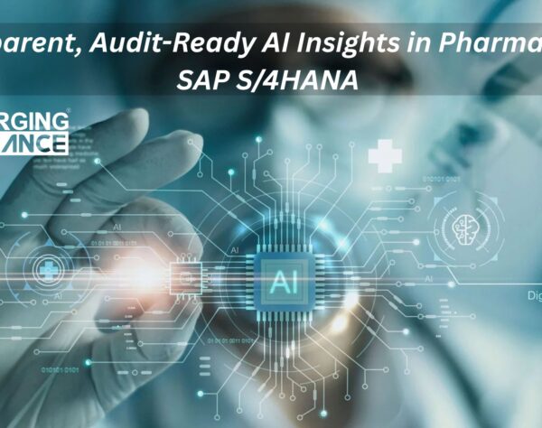 Pharma team reviewing AI insights on SAP S/4HANA dashboard with audit-ready logs and compliance tools.