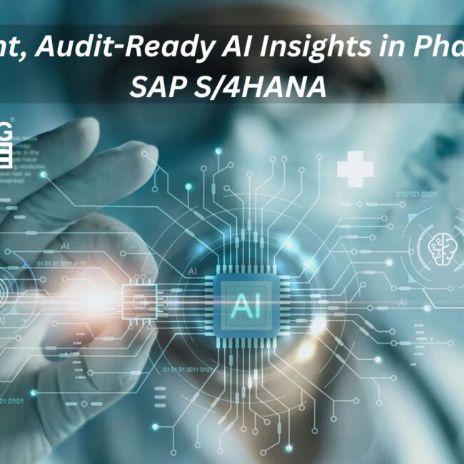 Pharma team reviewing AI insights on SAP S/4HANA dashboard with audit-ready logs and compliance tools.