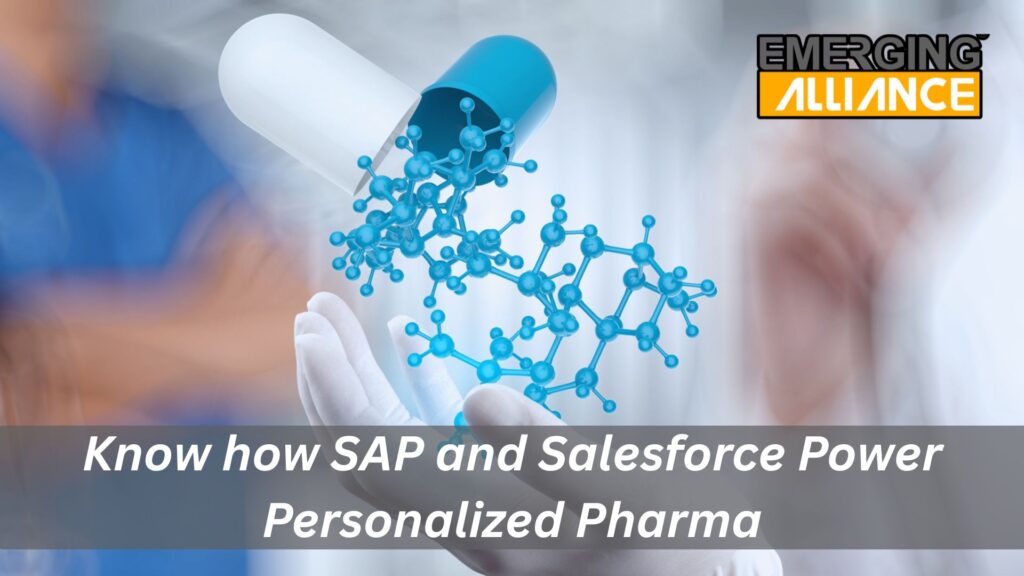 Pharmaceutical professionals using SAP and Salesforce dashboards to analyze patient data and deliver personalized treatments based on real-world insights.