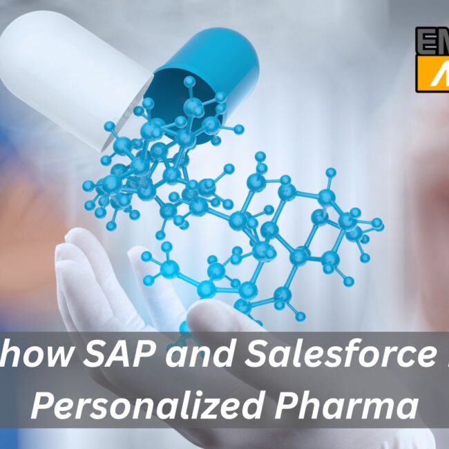 Pharmaceutical professionals using SAP and Salesforce dashboards to analyze patient data and deliver personalized treatments based on real-world insights.