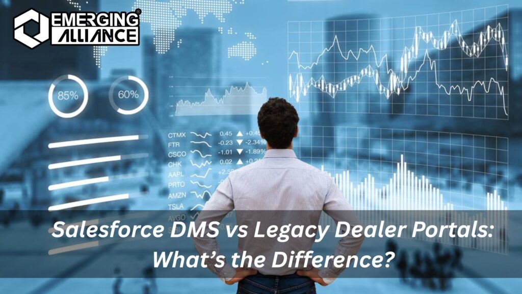Comparing Salesforce Dealer Management System with legacy dealer portals, highlighting automation and real-time visibility.