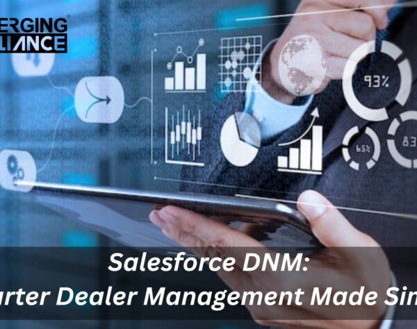 Business professional using a tablet to interact with digital analytics and cloud icons, representing Salesforce Dealer Network Management (DNM) Cloud for smarter dealer operations by Emerging Alliance.