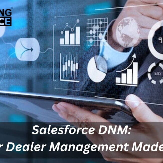 Business professional using a tablet to interact with digital analytics and cloud icons, representing Salesforce Dealer Network Management (DNM) Cloud for smarter dealer operations by Emerging Alliance.