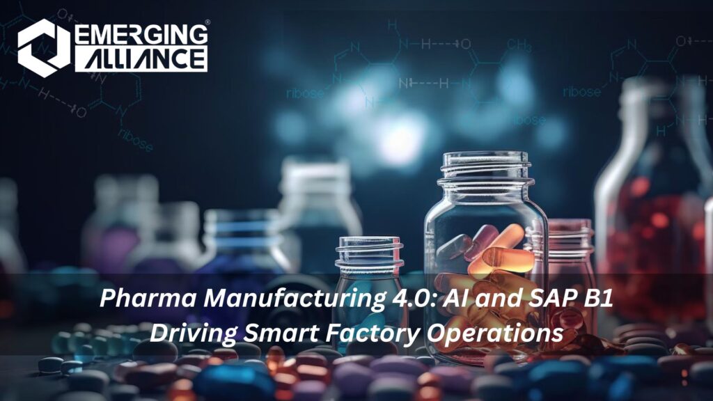 Smart pharma manufacturing setup showing AI dashboards, SAP B1 interface, automated machines, and real-time quality monitoring in a digital factory environment.

