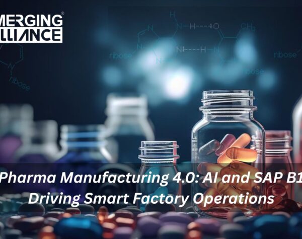 Smart pharma manufacturing setup showing AI dashboards, SAP B1 interface, automated machines, and real-time quality monitoring in a digital factory environment.