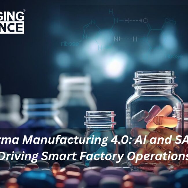 Smart pharma manufacturing setup showing AI dashboards, SAP B1 interface, automated machines, and real-time quality monitoring in a digital factory environment.