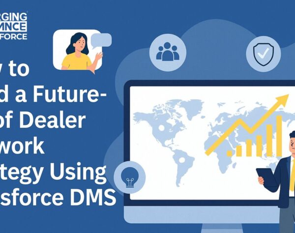 Illustration showing a business professional analyzing global dealer performance on a screen with icons representing strategy, growth, and Salesforce DMS.