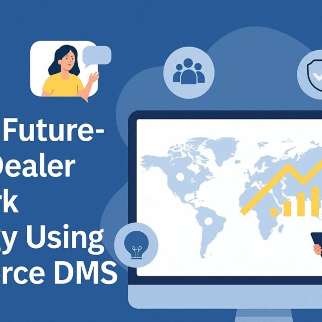 Illustration showing a business professional analyzing global dealer performance on a screen with icons representing strategy, growth, and Salesforce DMS.